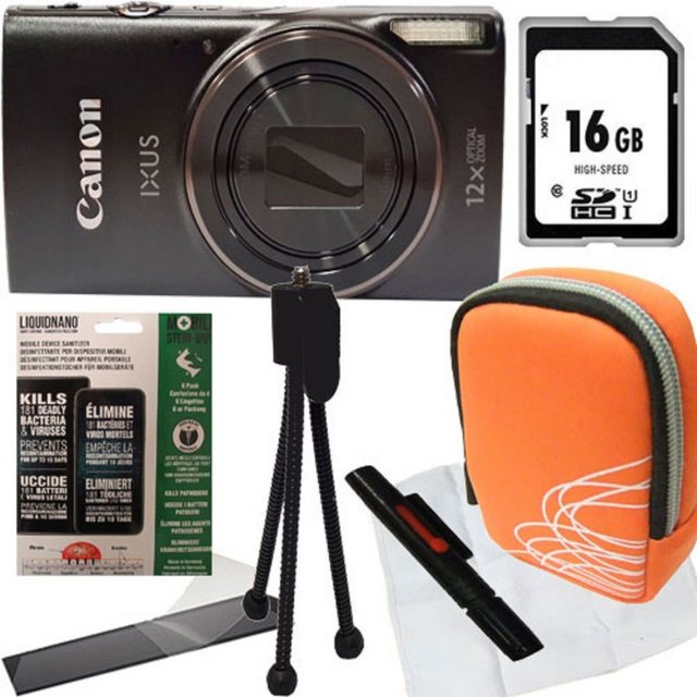 Canon Ixus 285 HS schwarz Set Angebot Inklusive 16 GB Speicherkarte Inklusive Objektiv Reinigungsstift Inklusive Desinfektionstücher Inklusive Mini Stativ Inklusive Kameratasche Inklusive Display-Schutzfolie Inklusive Mikrofasertuch