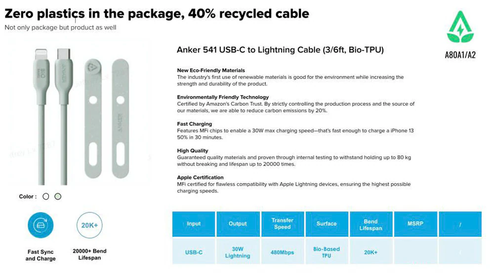 Anker Smartphone-Kabel »541 USB-C-auf-Lightning-Kabel mit pflanzlichen Materialien«, Lightning, USB-C, 180 cm