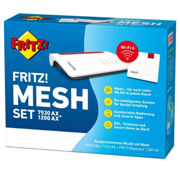 RepeaterDas AVM FRITZ! Mesh Set kombiniert die FRITZ!Box 7530 AX mit dem FRITZ!Repeater 1200 AX in einem leistungsstarken WLAN-Mesh-Paket. Ausgestattet mit modernem Wi-Fi 6 sorgt das Mesh Set für hohe WLAN-Leistung und für ein Optimum an WLAN-Reichweite für alle angebundenen Endgeräte wie Smartphones