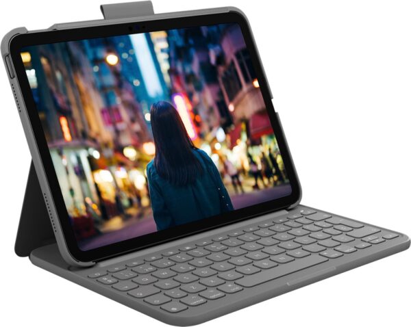 Kurzinfo: Logitech Slim Folio - Tastatur und Foliohülle - kabellos - Bluetooth LE - QWERTY - Spanisch - Oxford Gray - für Apple 10.2 iPad Wi-Fi