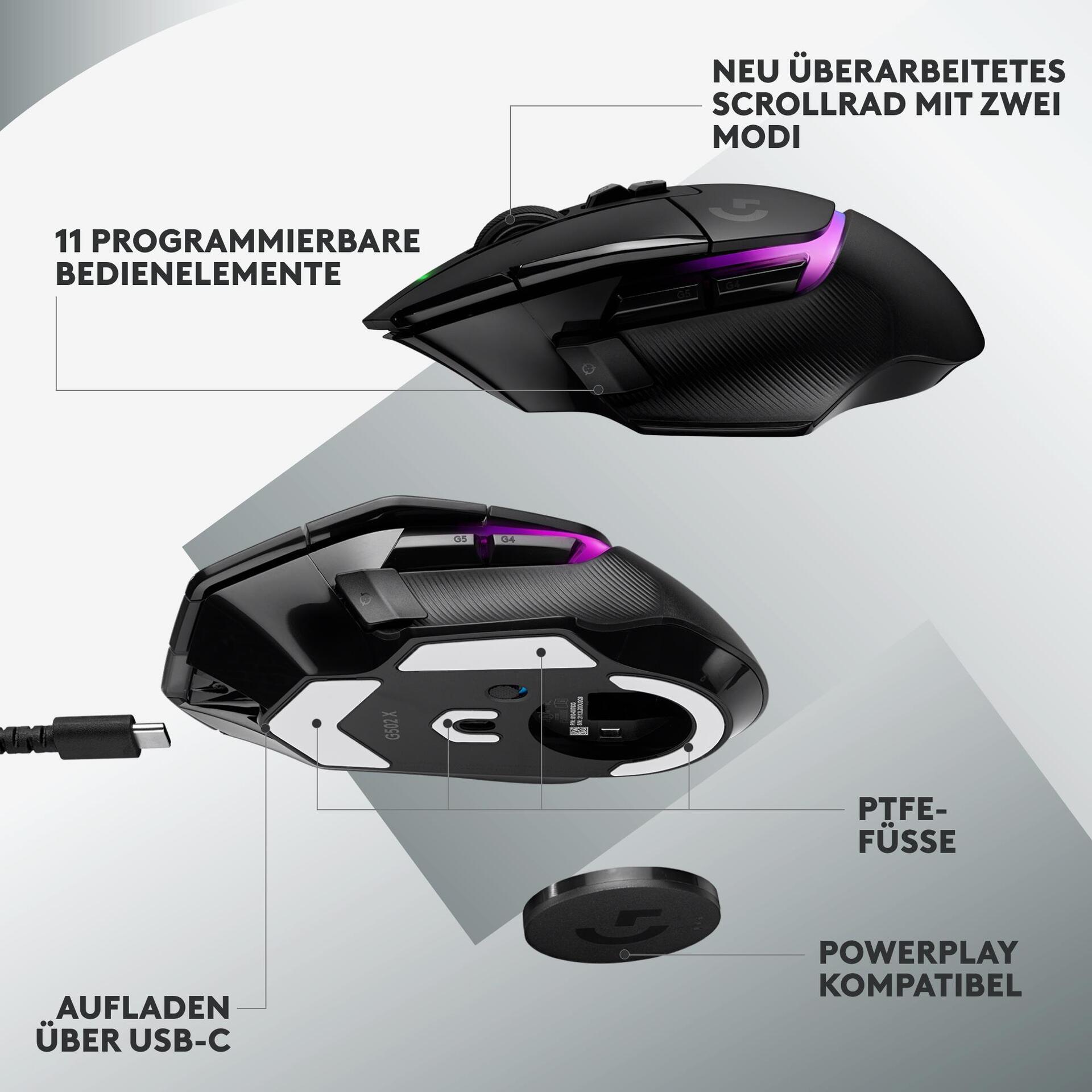 Kurzinfo: Logitech G G502 X PLUS - Maus - optisch - 8 Tasten - kabellos - LIGHTSPEED - Logitech LIGHTSPEED-Receiver - Schwarz Gruppe Zeigegeräte Hersteller Logitech Hersteller Art. Nr. 910-006162 Modell G G502 X PLUS EAN/UPC 5099206096332 Produktbeschreibung: Logitech G G502 X PLUS - Maus - LIGHTSPEED - Schwarz Gerätetyp Maus Anschlusstechnik Kabellos - LIGHTSPEED Farbe Schwarz Abmessungen (Breite x Tiefe x Höhe) 7.92 cm x 13.14 cm x 4.11 cm Gewicht 106 g Kabelloser Empfänger Logitech LIGHTSPEED-Receiver Movement Detection Technologie Optisch Anzahl Tasten 8 Bewegungsauflösung 25600 dpi Leistung 40 G Maximalbeschleunigung