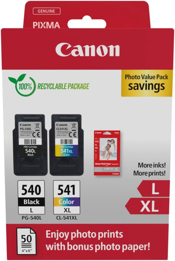 Mit schwarzer und mehrfarbiger Tinte vereint das Canon PG-540L/CL-541XL Photo Value Pack alle Farben