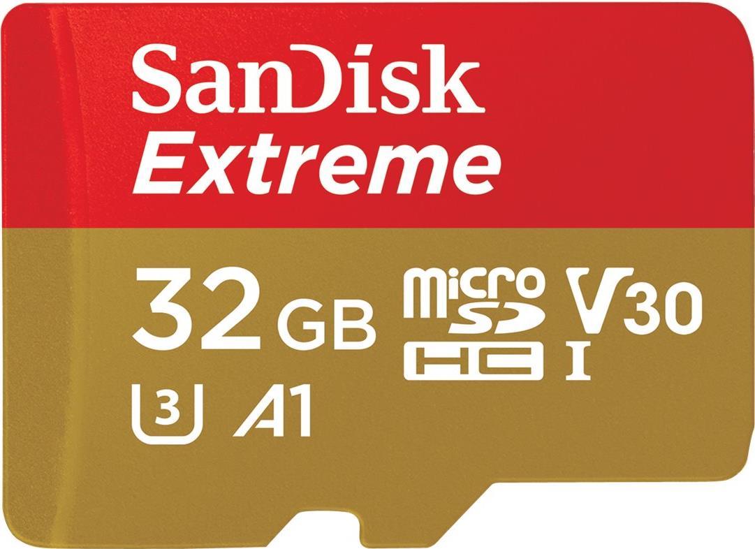 SanDisk Extreme – Flash-Speicherkarte – 32GB – A1 / Video Class V30 / UHS-I U3 / Class10 – microSDHC UHS-I (SDSQXAF-032G-GN6GN)