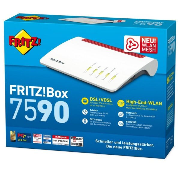 arbeitet die FRITZ!Box 7590 von AVM mit WLAN Mesh. Die verteilten FRITZ!-Geräte arbeiten dabei in einem einzigen Netz