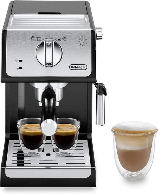 DELONGHI ECP 33.21 BK Siebträger-EspressomaschineProfessioneller Siebträgerhalter mit patentierten Easy Clean-Filtereinsätzen für 1 und 2 Tassen mit herausnehmbarem Sieb um Kaffeepulverreste restlos zu entfernen.Geeignet für gemahlenes Espressopulver (1 oder 2 Tassen) oder vorportionierte E.S.E. Pads.HighlightsPumpendruck 15 barTransparenter