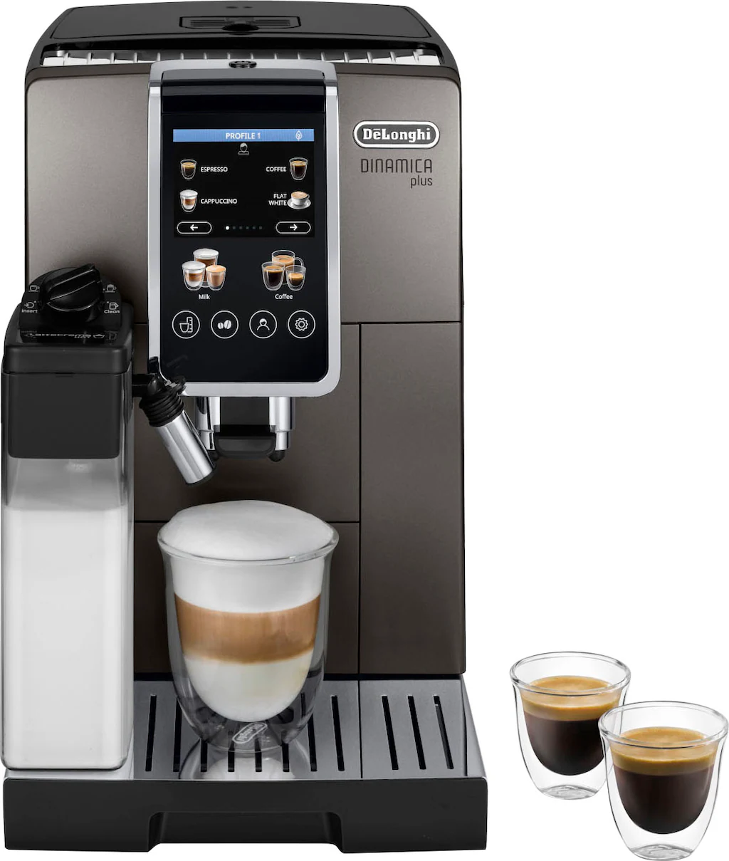 DeLonghi Kaffeevollautomat „Dinamica Plus ECAM 380.95.TB“, inkl. 2 LatteCrema Hot Milchkaraffen