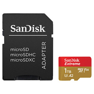 microSDXC-Card Extrem inklusive SD Adapter: entwickelt für Android-Smartphones und -Tablets sowie MIL-KamerasDiese Speicherkarte von SanDisk ist die Lösung für eine Datenübertragung in Höchstgeschwindigkeit! Die microSDXC-Card Extrem von SanDisk überzeugt mit einer Lesegeschwindigkeit von 190 MB/Sek. und einer Schreibgeschwindigkeit von 130 MB/Sek. Mit der Beschleunigung der App-Performance und 4K UHD für Ihr Android-Smartphone zeigt sie sich besonders leistungsstark. Eingestuft ist die Speicherkarte in die Geschwindigkeitsklasse Class 10.1 TB SpeicherkapazitätMit einer Speicherkapazität von 1 TB hat die microSDXC-Card Extrem viel Platz für Videoaufnahmen